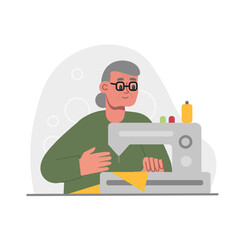 Female cartoon character sewing using machine at home