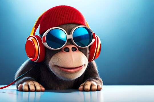 A happy monkey with headphones, listening music, Generative AI