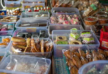 Jajan Pasar, Indonesian traditional cakes on street food market, in Yogyakarta, Indonesia