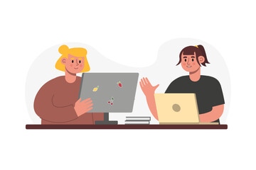 Cartoon characters of two young women working together