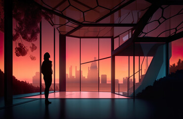 A person standing in a room with a view of a city. AI generative.