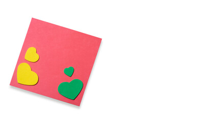 Blank paper note and hearts on white paper background. Valentine's Day. copy space for text,