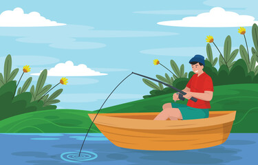 Obraz na płótnie Canvas A Boy Fishing In The Lake