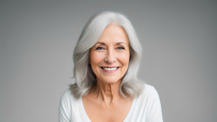 Portrait of joyful female with grey hair smiling at camera. Natural background with mockup. Generative AI.