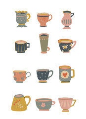 Set of bright beautiful mugs in a retro style on a white background. Tea drinking. Beverages. Design element. Beautiful glassware for drinks. Vector illustration. Flat design.