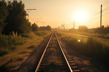 Naklejka na ściany i meble View of the crossing railway in sunset in summer
