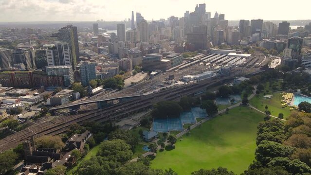 Aerial drone view of Surry Hills and Haymarket in inner Sydney, NSW Australia with Sydney City in the background 