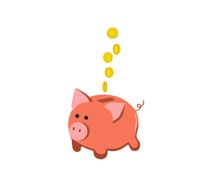  Moneybox in the form of a pig with coins falling..Piggy bank with coin. Money saving, economy, investment, banking or business services concept. Profit, income, earnings, budget fund Vector