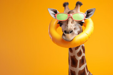 Fototapety  A giraffe ready for a summer vacation with sunglasses and an inflatable rubber ring. Generative ai