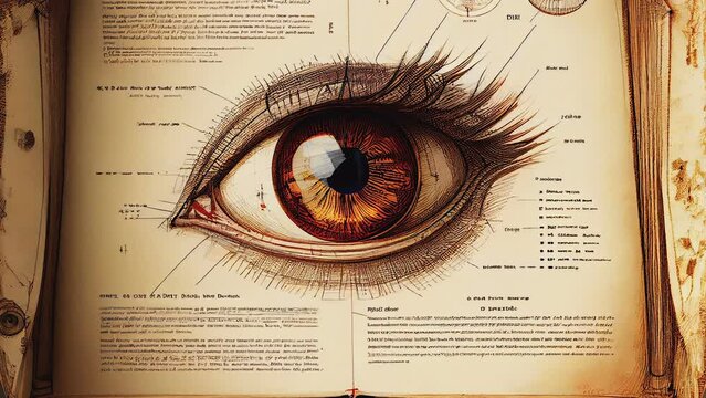 A sketch drawing of an eye and its diagram on an old page book AI generated
