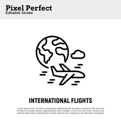 International flights thin line icon, airplane flying around globe. Pixel perfect, editable stroke. Modern vector illustration.