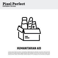 Humanitarian aid thin line icon, food drive, food box. Editable stroke. Modern vector illustration of charity.