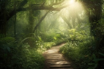 scenic forest path surrounded by greenery and trees. Generative AI