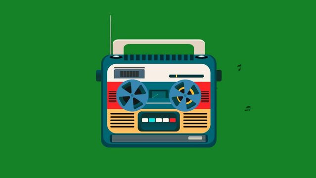 Flat retro old cassette recorder vector flat illustration 4k video.