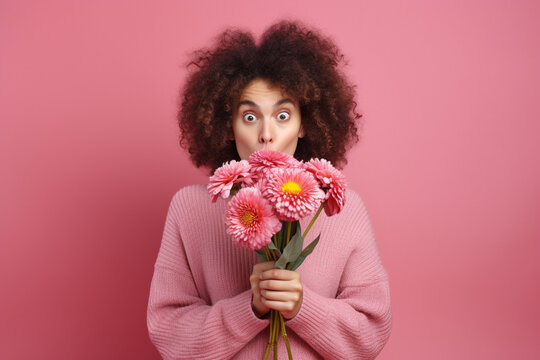 Young woman with curly hair and a surprised shocked face expression holding a bouquet of flowers isolated on pink background. High quality photo