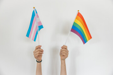 Hands holding the gay flag and the queer flag, LGBTQ+ Pride month, white background