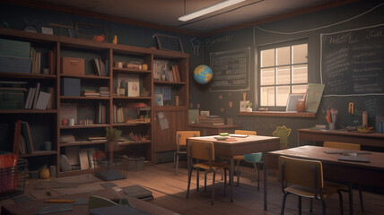 Obraz premium An empty classroom with a blackboard on one wall, surrounded by shelves filled with books and other educational materials. teacher day concept. generative ai.