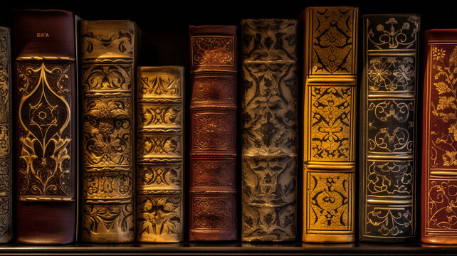 bookshelf filled with leather-bound books, some with gold leaf designs, and others with embossed patterns. knowledge concept. generative ai.