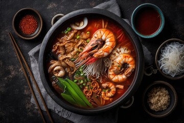 delicious bowl of shrimp noodle soup with vegetables. Generative AI