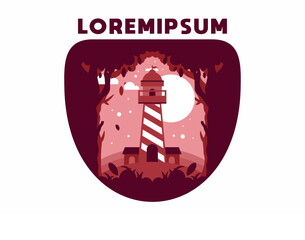 Colorful flat illustration of lighthouse in the forest