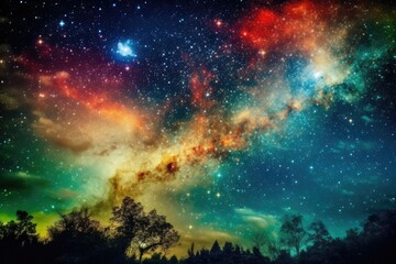 Naklejka premium serene night sky with a canopy of stars shining bright over a forest of trees. Generative AI