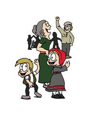 Cute happy children and adults characters dancing and wearing traditional clothes and dresses. Colorful cartoon style vector illustration isolated on white background.