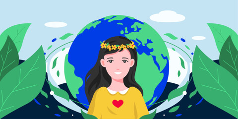 Girl and planet Earth in vector. Ecology and love for the Earth. Planet Earth. A person who loves nature and the Earth.