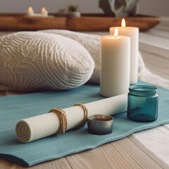 Fototapeta na wymiar A serene setting with a yoga mat, candles, and peaceful elements to honor International Yoga Day