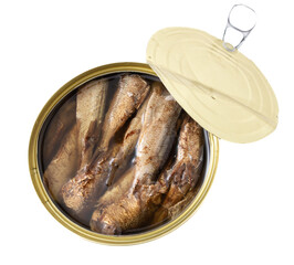 Canned food with sprats isolated on a white background