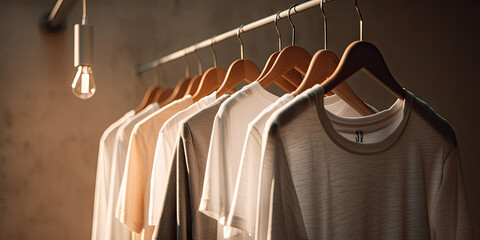 T-Shirts on Hangers in Warm Bright Showroom Made with Generative AI