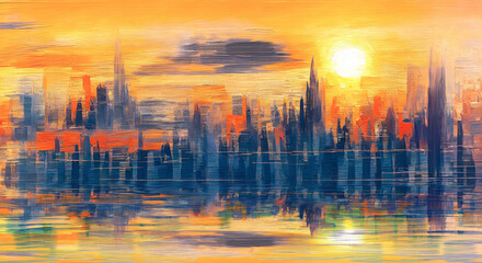 Vibrant sunset, impressionistic skyline, paint texture. Abstract panoramic oil painting with water reflections