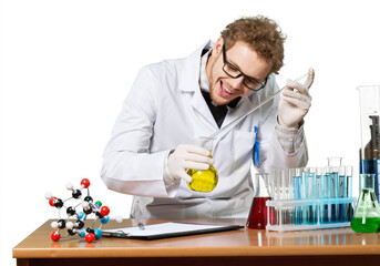 Crazy scientist is in his laboratory with tubes