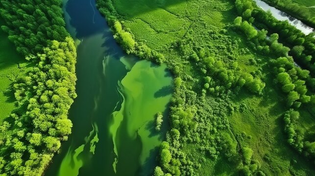 Amazing blooming algae on green river, aerial view