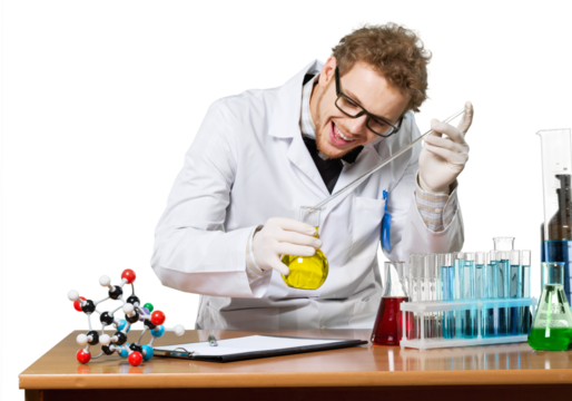 Crazy scientist is in his laboratory with tubes