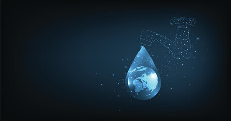 Vector illustration of World water day. Faucet with the earth globe in a drop of water on dark blue background. Save water concept. 
