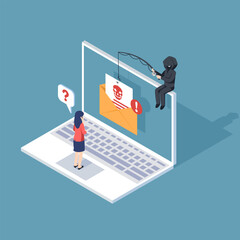 Phishing by email. hacker attacks a computer laptop by sending a message. fraud scam and steal private data on devices. vector illustration isometric flat design for cyber security awareness concept.