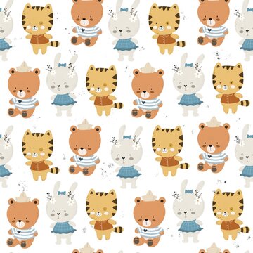 Seamless pattern with cartoon animals, decor elements. flat style. hand drawing. baby design for fabric, print, wrapper, textile