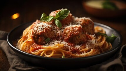 A bowl of spaghetti with meatballs and parmesan cheese created with Generative AI