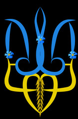 Fototapeta na wymiar Coat of arms of Ukraine stylized. Blue cornflowers and yellow ears of wheat on a black background. Blue and yellow colors of the Ukrainian flag.