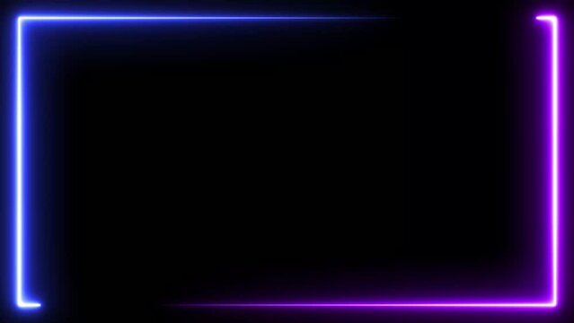 Purple and blue laser lights run along a square frame. Futuristic electric light effect on black background.  animations backdrop sign for club, show, music video, presentation.