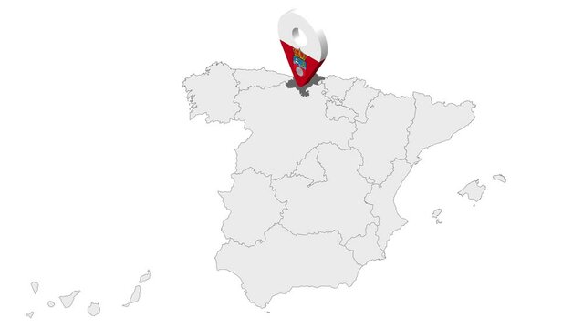 Location Cantabria on map Spain. 3d Cantabria flag map marker location pin. Map of Spain showing different parts. Animated map Autonomous communities of Spain. 4K.  Video