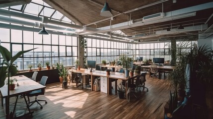 Fototapeta na wymiar A bright and airy co-working space with floor-to-ceiling windows that let in plenty of natural light created with Generative AI