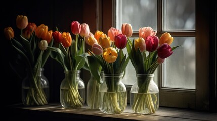 A bunch of fresh tulips in a vase on a windowsill created with Generative AI