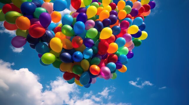 A bunch of vibrant balloons in every color of the rainbow floating in the sky created with Generative AI