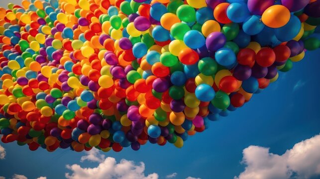 A bunch of vibrant balloons in every color of the rainbow floating in the sky created with Generative AI