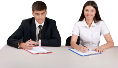 Coworkers Writing on Clipboard - Isolated