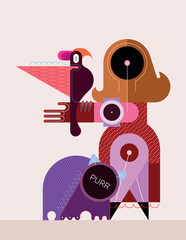A woman, a bird and a cat. Abstract faceless female design with long hair in a dress is standing with parrot on her arm, a fat cat rubs against her legs. Geometric style vector illustration.