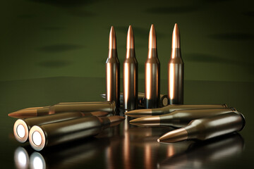 Ammunition background. Scattered bullets. Cartridges for weapons. Background from ammo. Backdrop for army presentation. Bullets made of brass. Rifle or pistol cartridges. Large caliber. 3d image