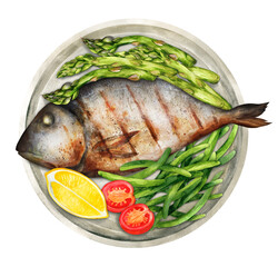 Grilled fish with asparagus and green beans. Watercolor illustration