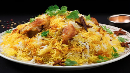 A plate of biryani with a bunch of food on it  , Generative AI